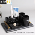 三维工匠卫生间牙刷置物架收纳牙刷架漱口杯套装刷牙杯架子卫浴洗漱五件套 水墨黑五件套（大理石带把灰盘）