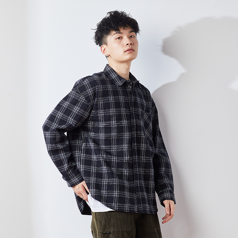 9元]唐狮秋季纯棉格子衬衫男长袖港风日系复古格纹衬衣黑白格子衫外套