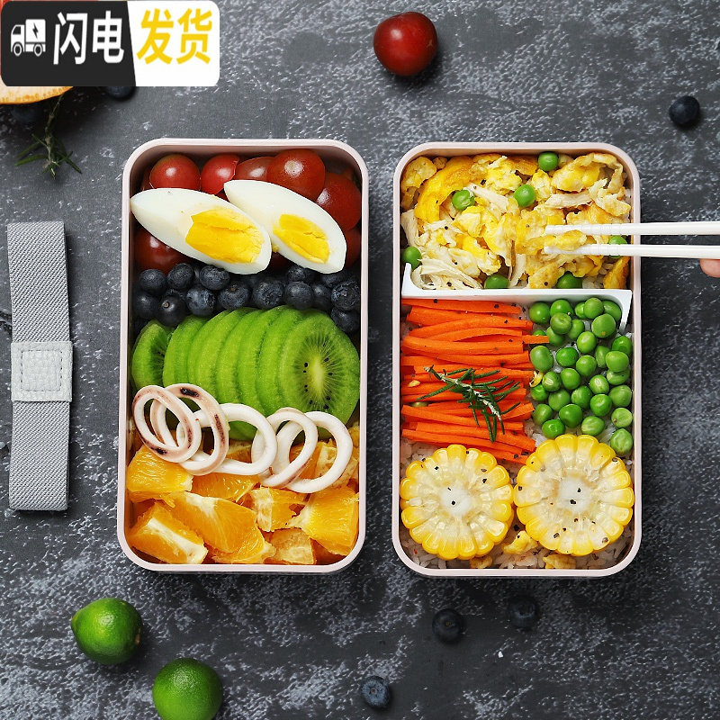 三维工匠双层日式饭盒男便携可微波炉加热专用上班族健身减脂餐盒套装ins 粉色木纹+汤罐高清大图