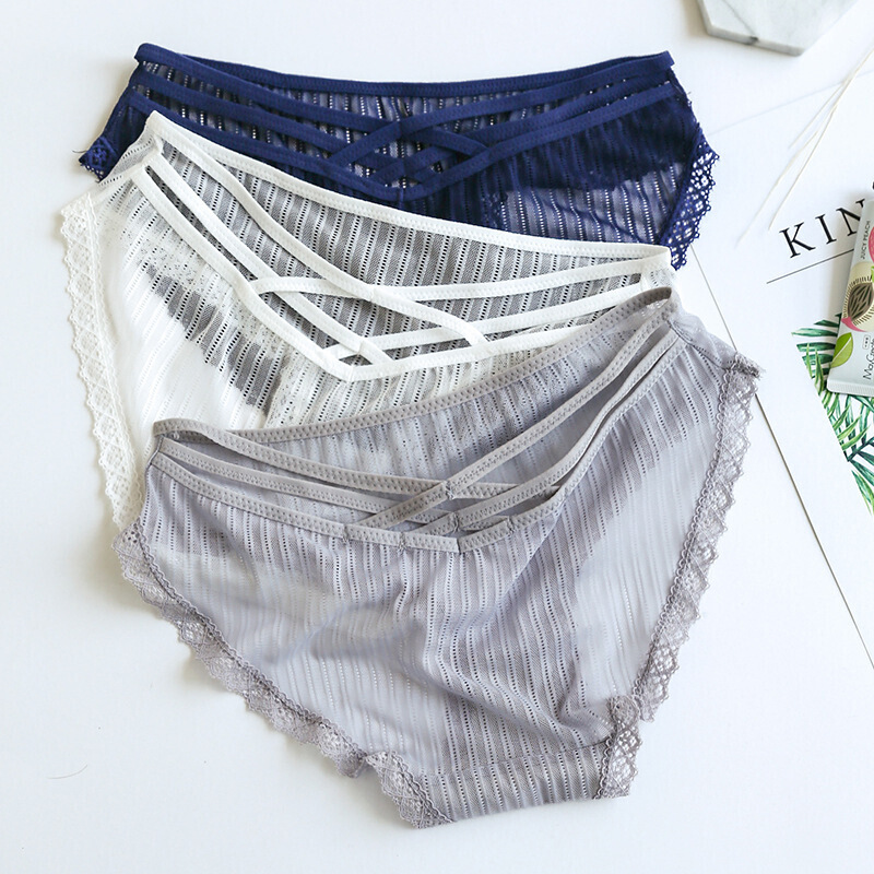 条装镂空网纱低腰内裤女士冰丝透明平角裤内裤透气性感蕾丝短裤女视频