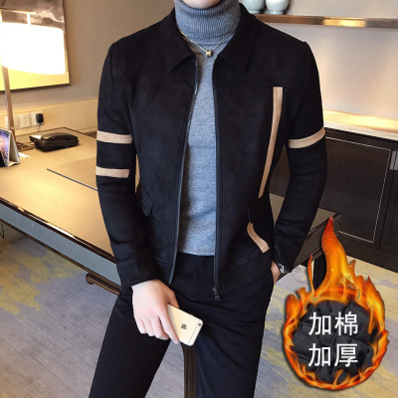 2018秋冬新品加棉加厚翻领短款鹿皮绒男士修身夹克男装外套青年潮