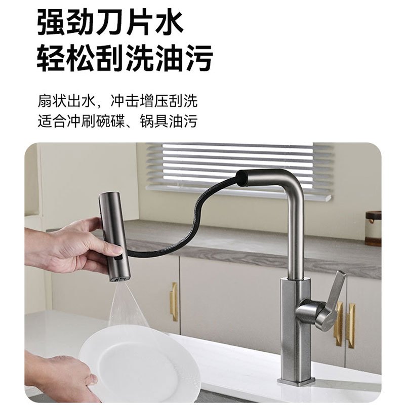 浪鲸(SSWW)厨房冷热水龙头飞雨瀑布出水304不锈钢洗菜盆龙头抽拉式水槽龙头