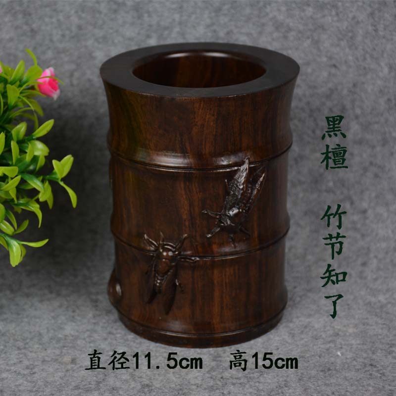 三维工匠精品创意黑檀木大号小号多功能原红木实木刻书房办公室礼品学生毛笔筒圆形摆件收纳复古中国风木质定制 三维工 黑檀