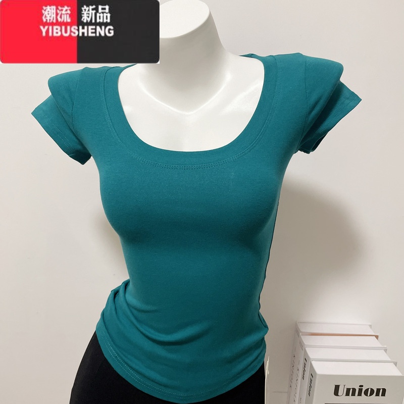 YIBUSHENG版型~色系好看!修身百搭圆领短袖t恤女弹力基础款上衣 祖母绿 XL