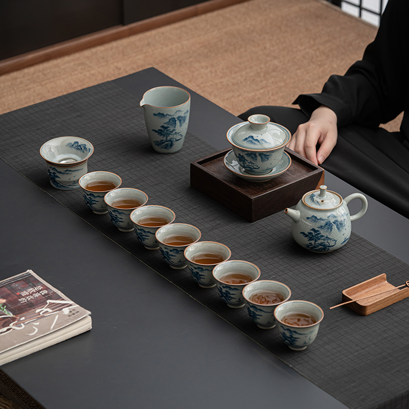 苏氏陶瓷(SUSHI CERAMICS)汝窑开片手绘山水泛舟三才盖碗茶壶礼盒茶具组