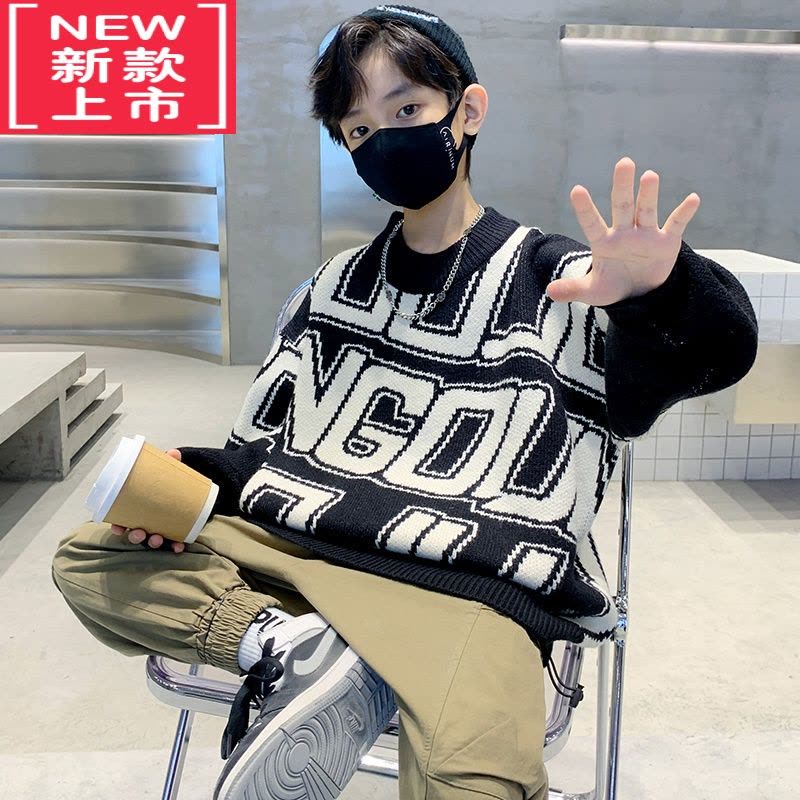 可莉允男童毛衣秋冬装圆领儿童套头衫2022新款休闲宽松中大童网红上衣潮图片