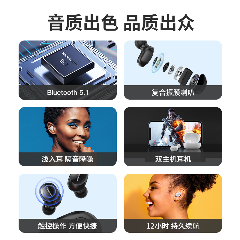 纽曼无线耳机LY01 白色 真无线蓝牙耳机入耳式舒适佩戴运动音乐游戏通话降噪高音质苹果安卓华为通用超长续航