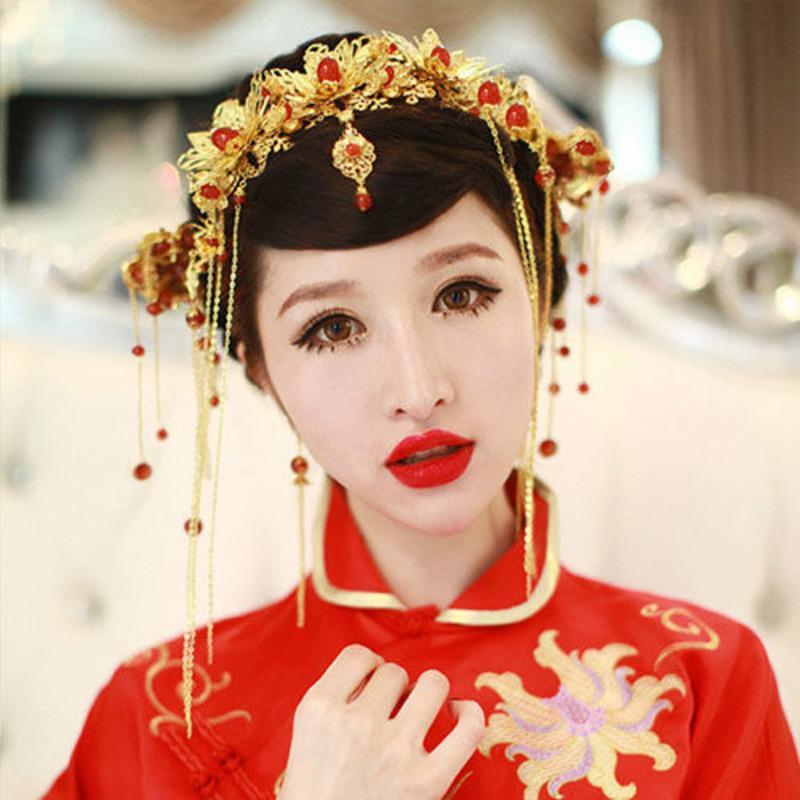 中式汉服新娘头饰套装流苏龙凤褂古风发饰结婚红色古装秀禾服凤冠