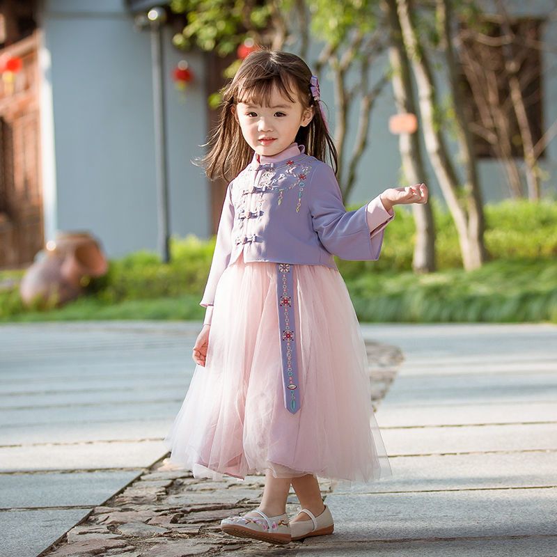 儿童汉服女童夏学生古装长款连衣裙公主裙中国风超仙女裙表演服宝蓝色