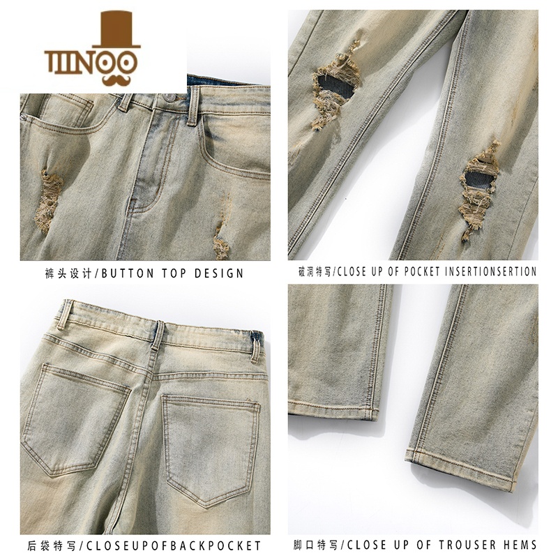 YANXU街头复古水洗破洞牛仔裤男款夏季新款百搭美式直筒裤百搭长裤高清大图