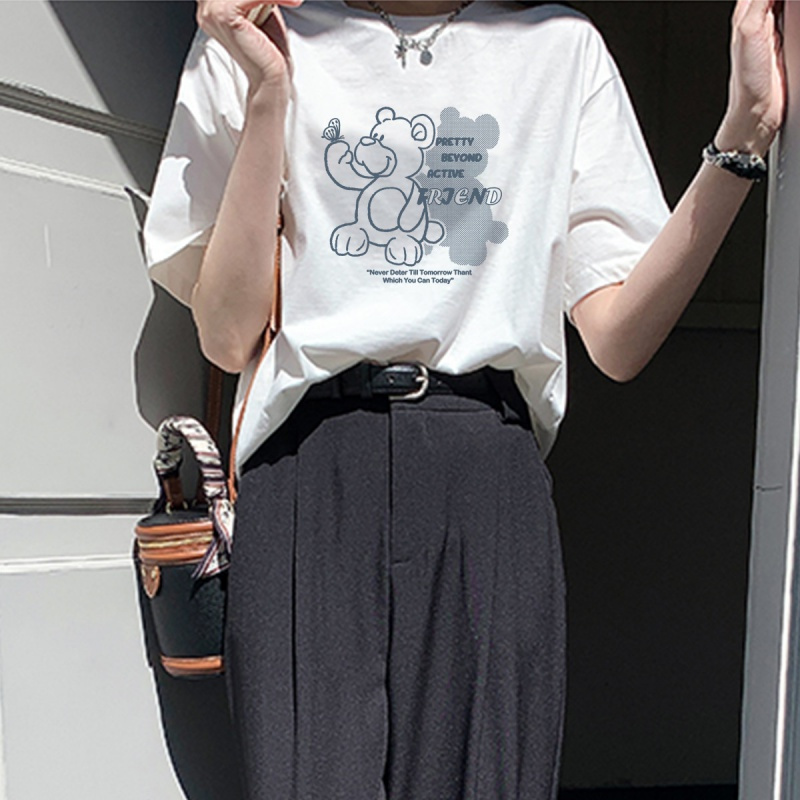 唐狮 女上衣夏短袖清凉夏季新款可爱小熊图案慵懒风上衣时尚百搭潮