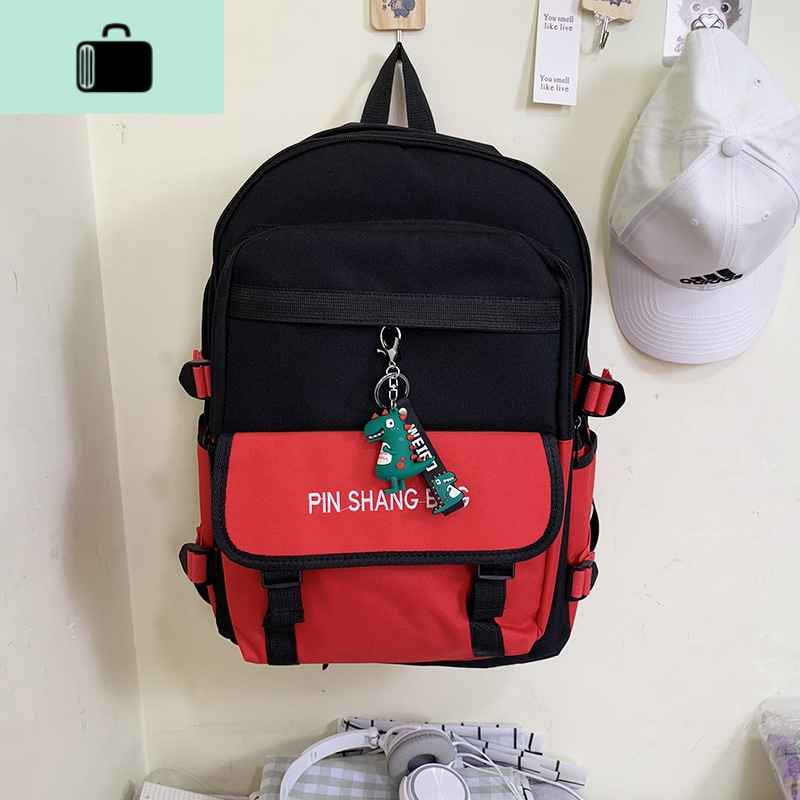 书包女ins风双肩包韩版原宿初高中大学生大容量15.6寸电脑背包男NEW LAKE 红色+网红恐龙收藏加购优先发