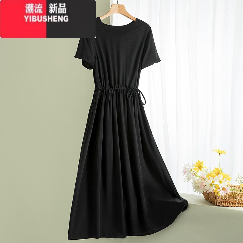 YIBUSHENG2024新款时尚棉绸季连衣裙系带纯色短袖小个子人造棉中长大摆2高清大图