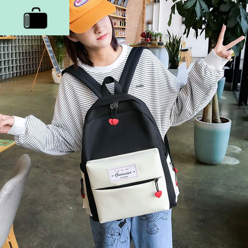 2019新款韩版原宿背包男女休闲简约双肩包潮流个生书包旅行包NEW LAKE 092加大单个带后兜樱桃黑白