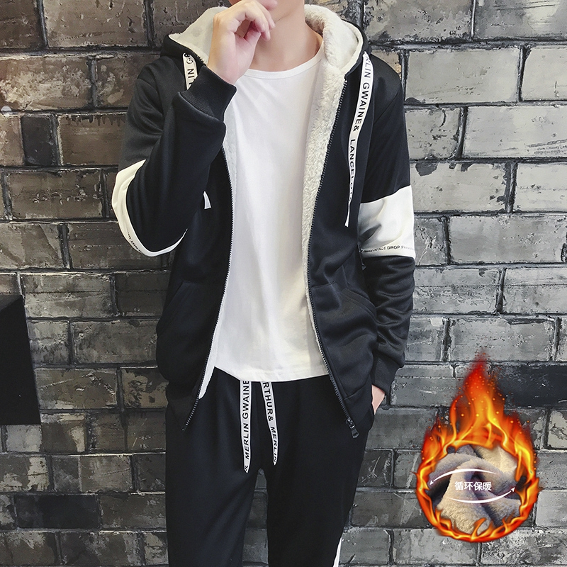 男士卫衣套装冬季加厚加绒青少年学生潮流韩版休闲一套冬天衣服