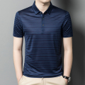 梦特娇男士短袖t恤桑蚕丝条纹新款夏季polo衫真丝中年爸爸装夏季劲霸七匹狼利郎皮尔卡丹恒源祥桑蚕丝男士薄款翻领Polo衫 宝兰 185/100A