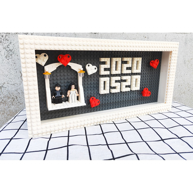 兼容乐高积木婚礼结婚纪念相框装饰摆件创意摆台立体画横款无人仔