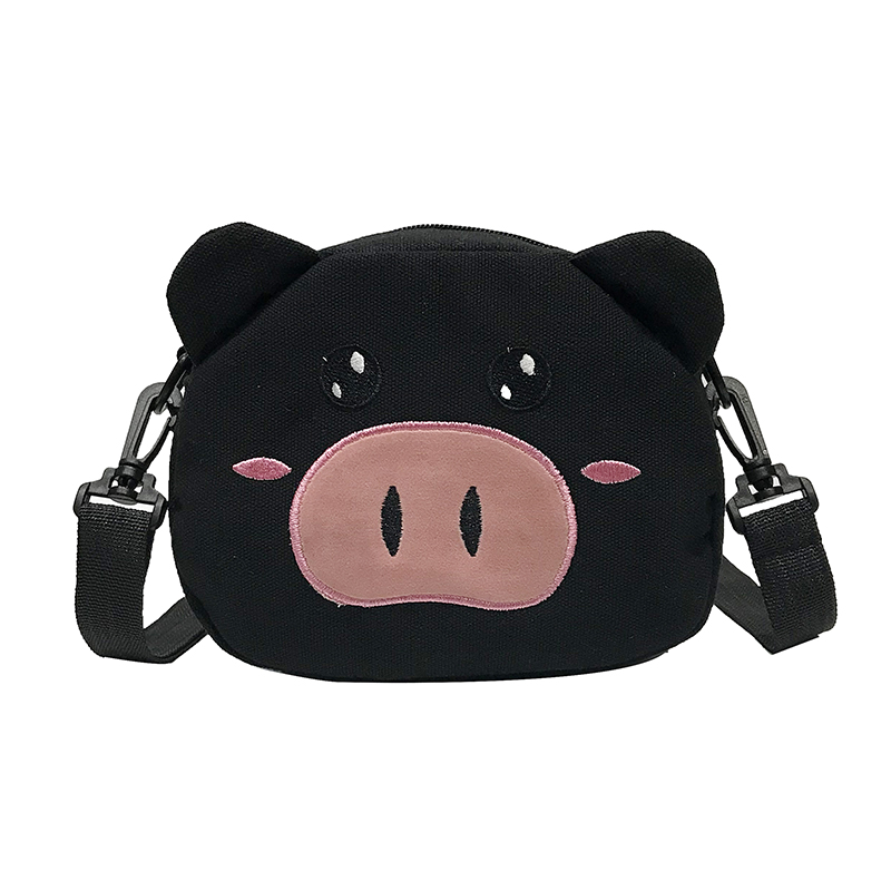 可爱萌帆布小包包少女新款2019搞怪卡通单肩斜挎包ins学生猪猪包黑色