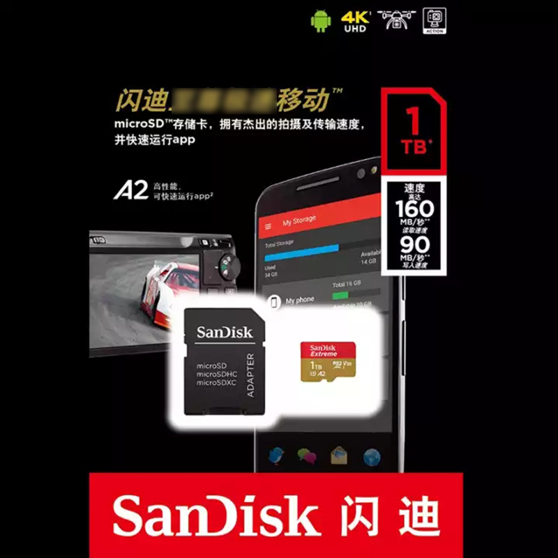 闪迪(Sandisk)A2 TF卡手机内存卡读160MB/s写90MB/s运动相机无人机存储卡Micro SD卡 1TB