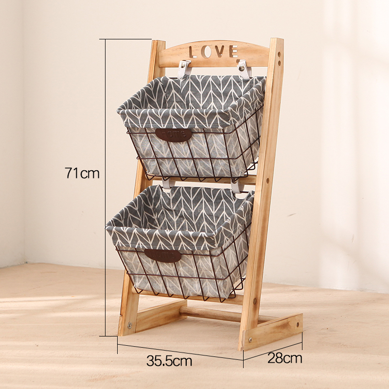 森美人客厅置物架实木玩具收纳架创意书报架落地多层书架铁艺储物架家用 二层-单排-灰树筐