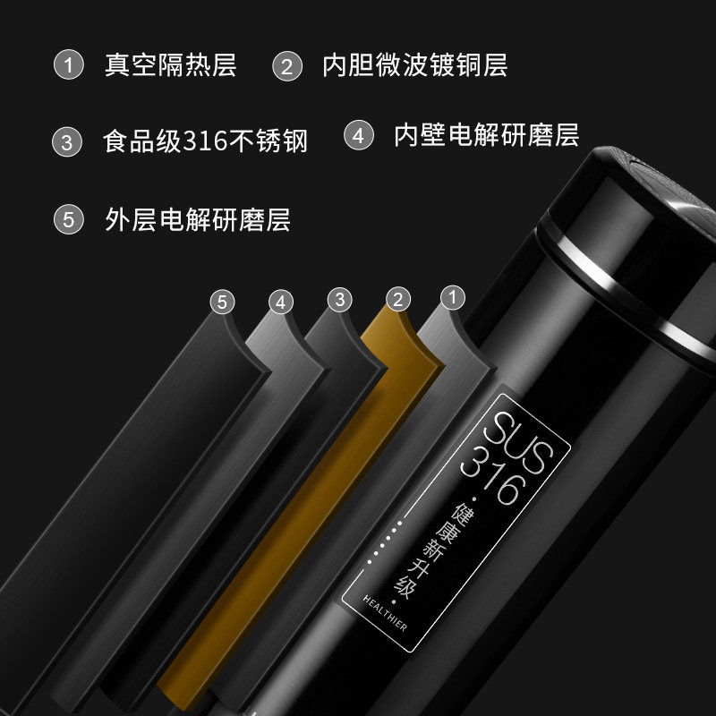 富光铭文不锈钢保温杯真空316材质车载水杯商务男士长效保温茶滤茶杯420ml 黑色