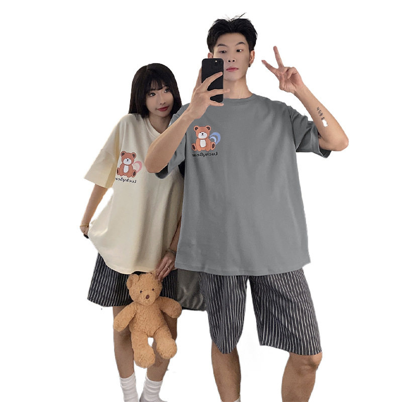情侣秋冬季卡通套头睡衣短袖短裤女宽松休闲男士家居服可外穿套装高清大图