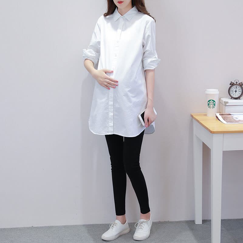 迪鲁奥(DILUAO)2021春秋装新款职业孕妇装翻领中长款上班白衬衫春季大码孕妇OL衬衣夏图片