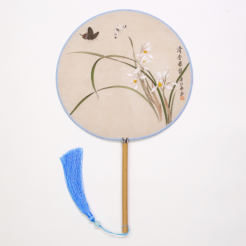 古风扇子中国风手工汉服宫廷圆扇古典舞蹈扇长柄流苏女扇 三维工匠