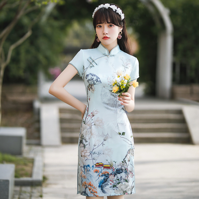 时尚改良年轻少女款四面弹旗袍新款日常优雅旗袍裙