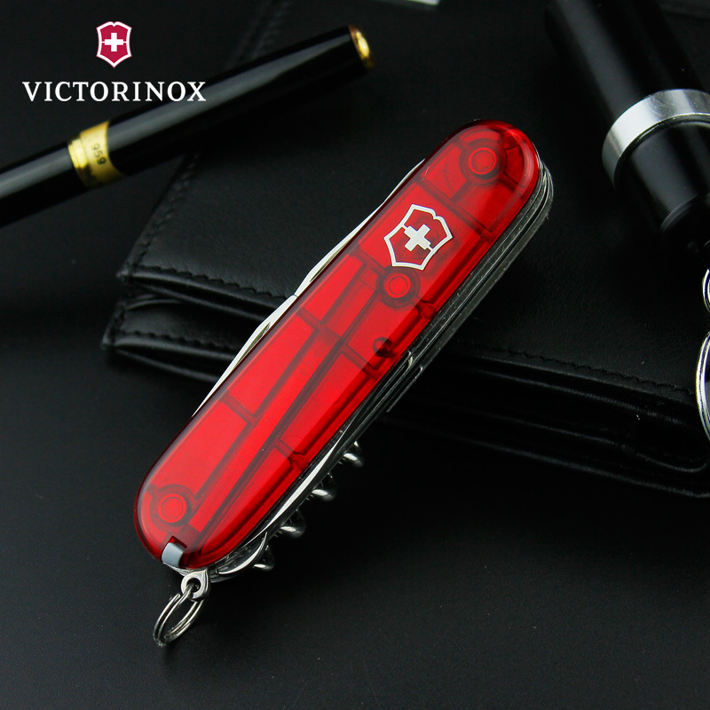 Victorinox维氏瑞士军刀原装正品91MM 透明红猎人1.3713.T 多功能刀瑞进口不锈钢便携折叠刀