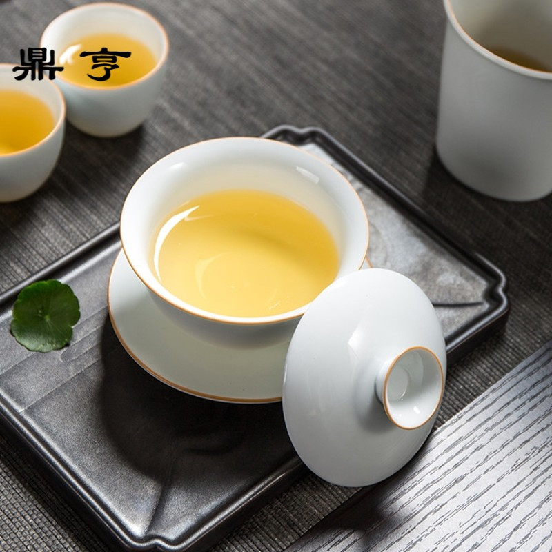 鼎亨甜白瓷盖碗薄胎三才盖碗茶杯大号景德镇白瓷功夫茶具套装陶瓷