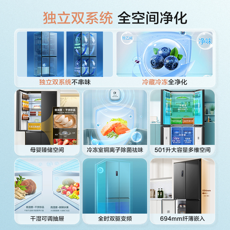 容声(Ronshen)501升十字门冰箱 四门电冰箱家用风冷无霜变频母婴臻储 国补 墨韵灰BCD-501WD18FP