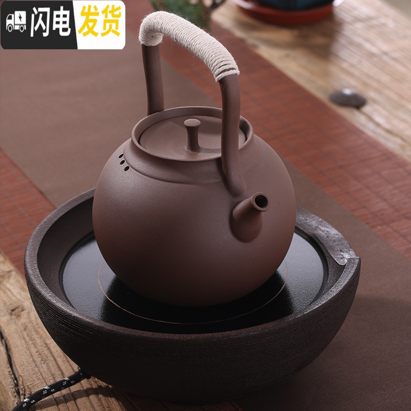 三维工匠日式纯手工紫砂陶壶电陶炉功夫煮茶器养生壶可高温烧水提梁泡茶壶 大号藤编提梁茶具高清大图