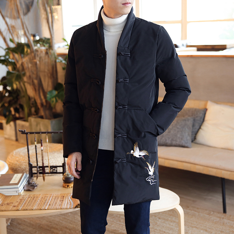 yuansu唐装棉袄男冬季复古中长款盘扣刺绣外套男中国风男装中式棉衣