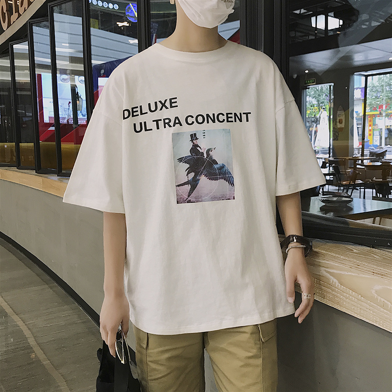 夏款日系印花五分袖男短袖T恤时尚拼色打底衫宽松男装半袖男T恤