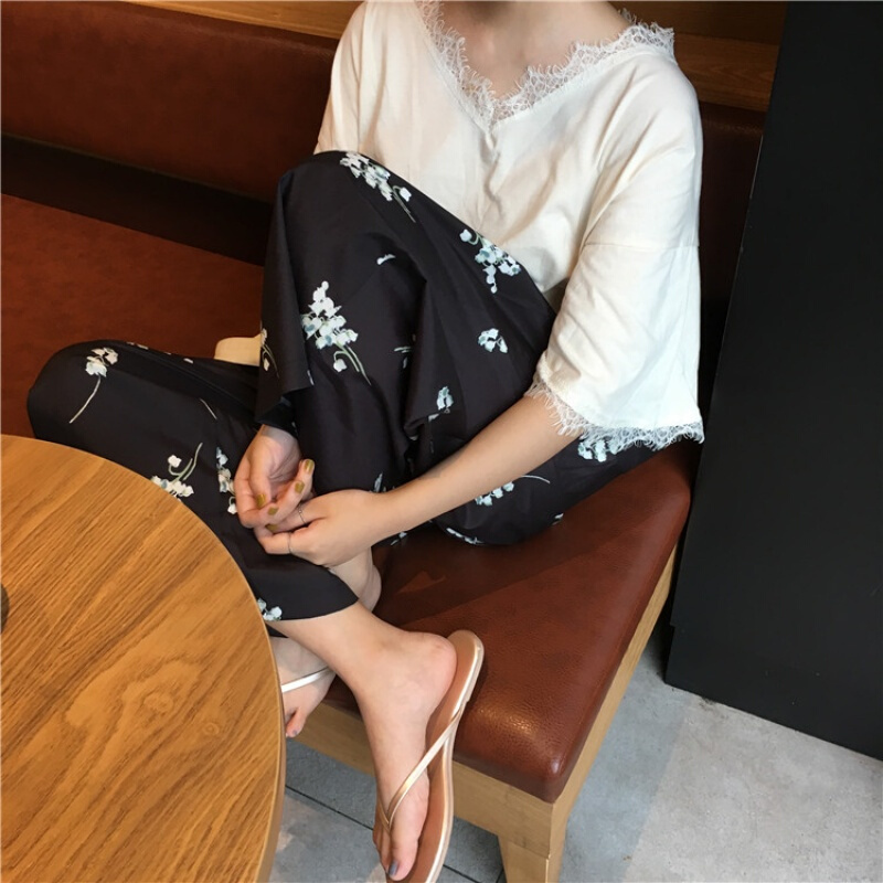 春夏女装韩版小清新高腰阔腿裤宽松显瘦休闲裤九分裤直筒裤长裤 图片色 均码