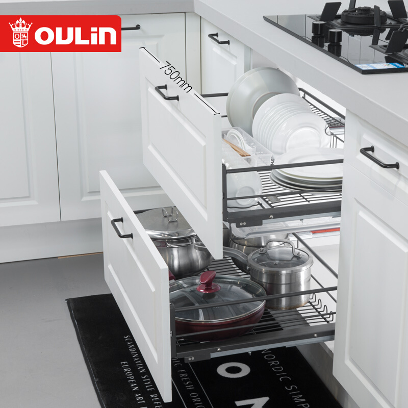 欧琳(OULIN)黑珍珠系列 黑色不锈钢厨房收纳拉篮 双层抽屉式碗碟架平篮厨房橱柜碗架 烤漆 750柜体