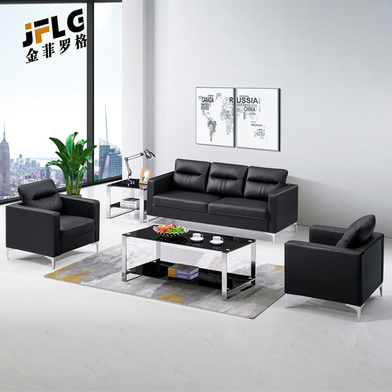苏宁 金菲罗格 办公家具 现代简约接待会客西皮黑色沙发 1+1+3沙发+茶几组合高清大图
