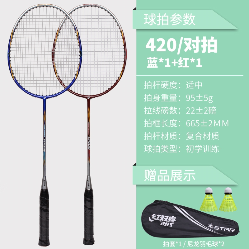 红双喜(DHS)羽毛球拍全碳素超轻双拍成人单拍儿童小学生套装