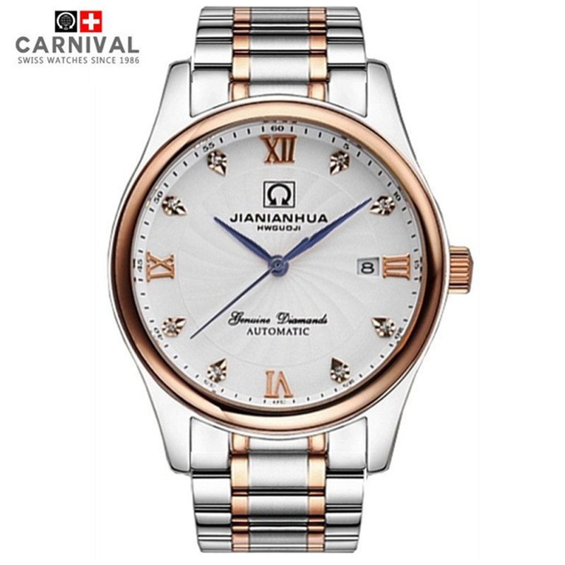 瑞士嘉年华CARNIVAL手表 名匠商务系列男士全自动机械表 男日历防水大三针背透带时尚商务男表腕表8828G水钻款精钢 玫金白面