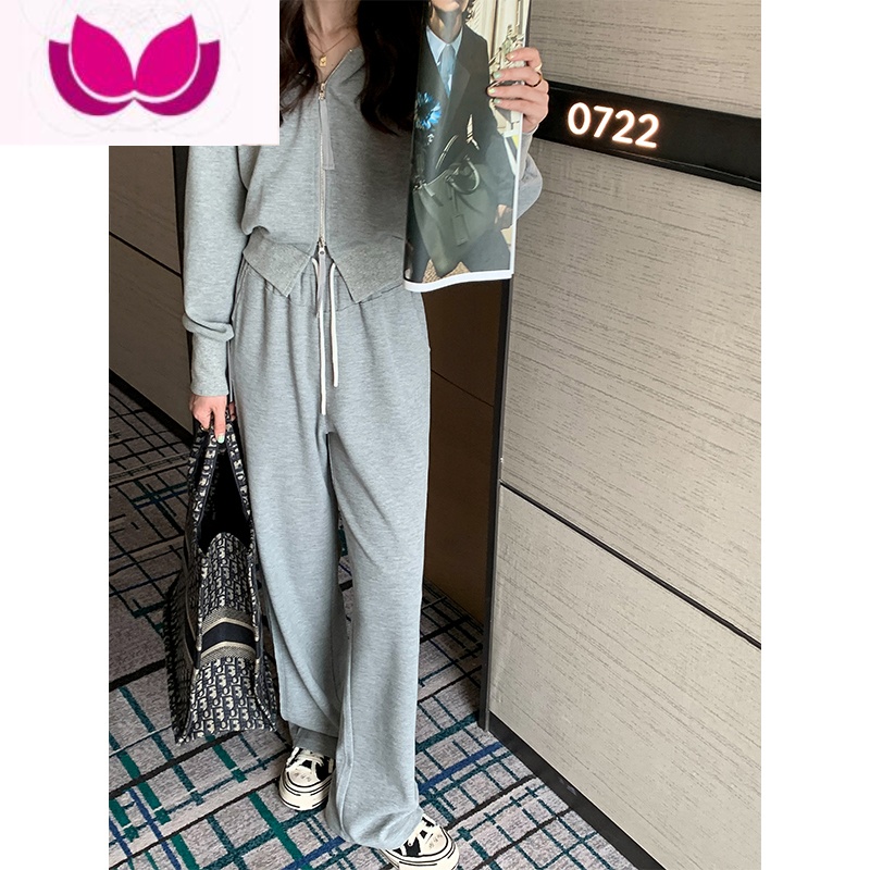 七斓本希benxe 灰色慵懒风运动套装女春季连帽卫衣休闲阔腿裤套 灰色裤子 M