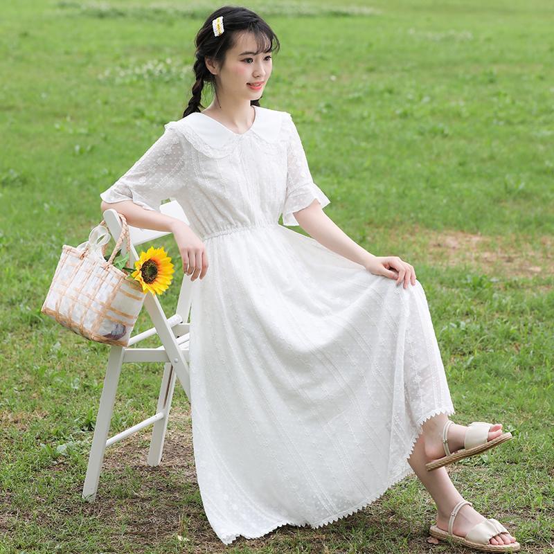 少女白色连衣裙夏季长款高初中学生夏装超仙女大童雪纺长裙子过膝白色