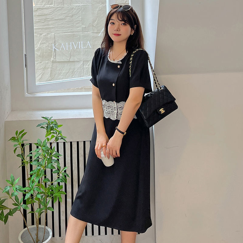 美动态2022夏季新款大码女装胖mm法式赫本风蕾丝拼接小黑裙连衣裙