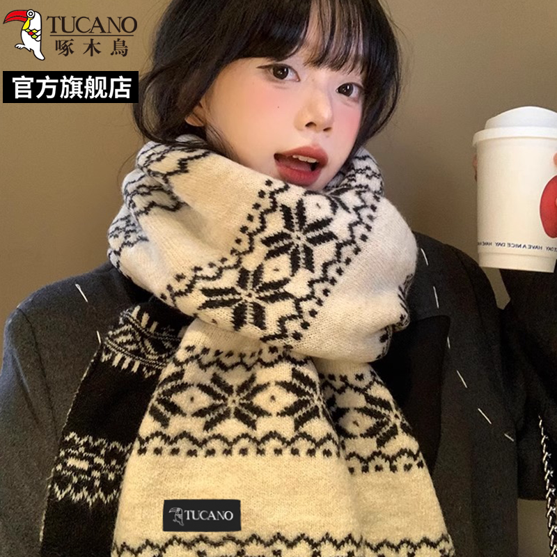 啄木鸟2024冬新款黑白色雪花针织围巾女保暖双面复古文艺围脖冬4高清大图