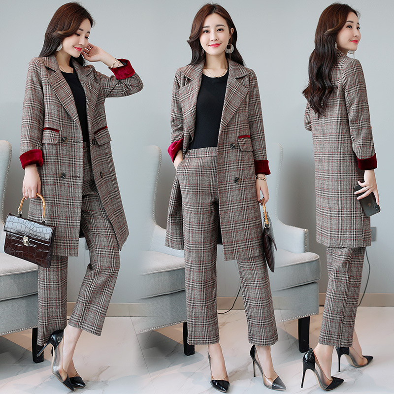 格子套装女女士秋季新品修身时尚大气显瘦高雅气质两件套长裤子潮
