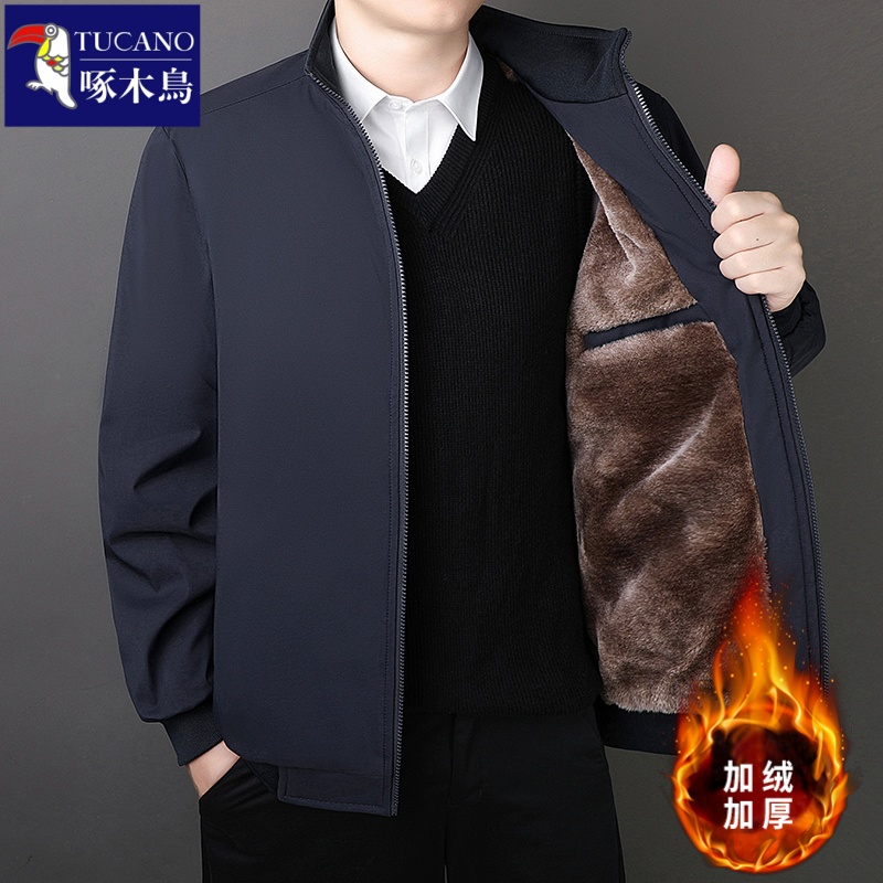 啄木鸟秋冬季夹克男士加绒加厚抗寒立领中老年大码宽松爸爸装外套高清大图
