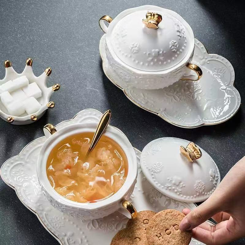 Home glen 陶瓷汤盅隔水带盖小炖罐甜品盅 68号金顶盖碗+长盘+勺 1套高清大图