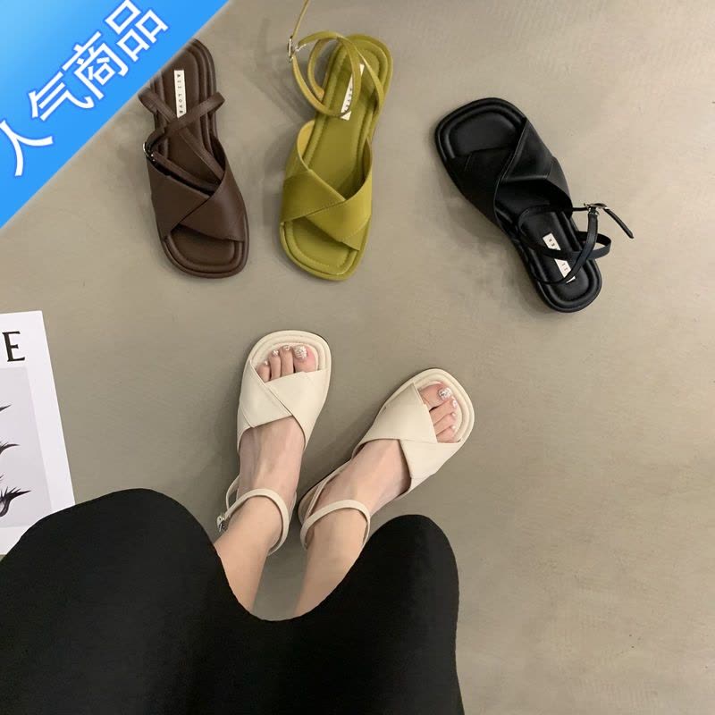 SUNTEK露趾凉鞋女夏平底2022年韩版学生温柔仙女风一字扣带蝴蝶结罗马鞋图片