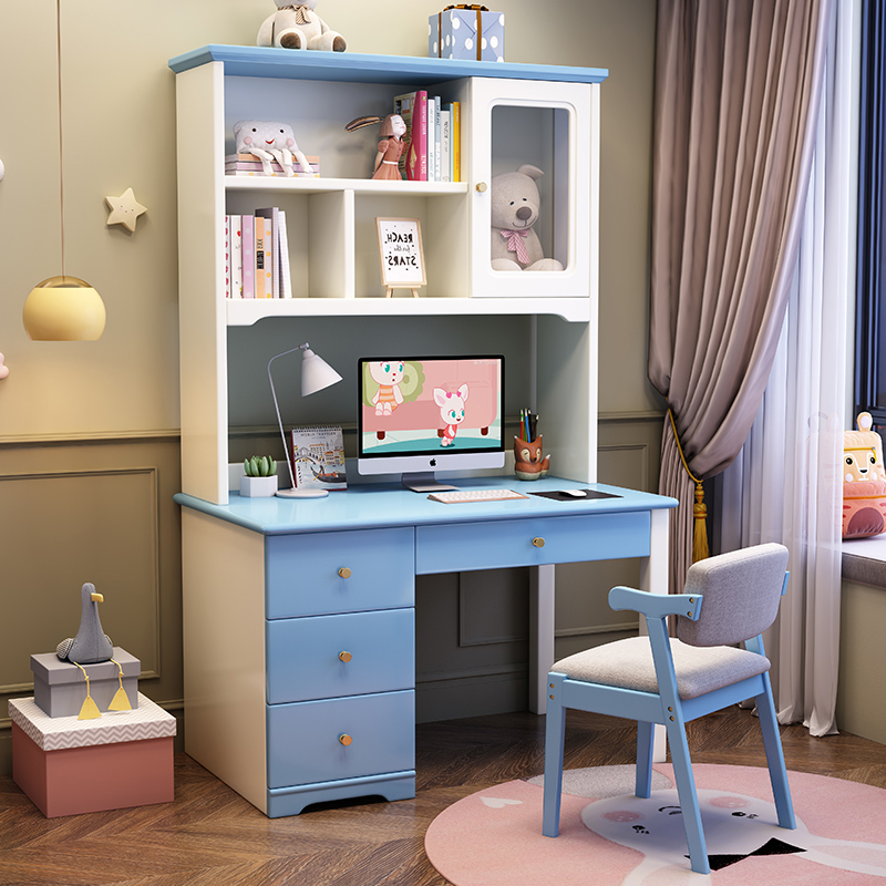 一米色彩 实木书桌电脑桌带抽屉书柜书架一体组合 可视化收纳儿童