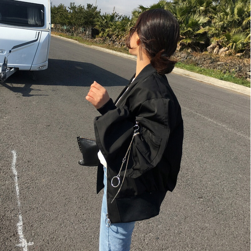2018春秋季韩版潮宽松短外套女装飞行员夹克衫学生BF风黑色棒球服黑色